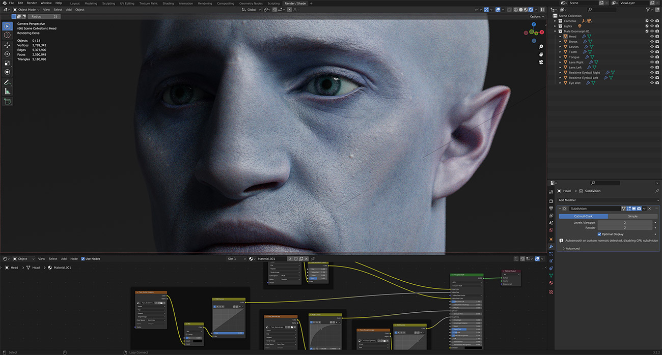 Blender 3d head model photorealistic skin shading